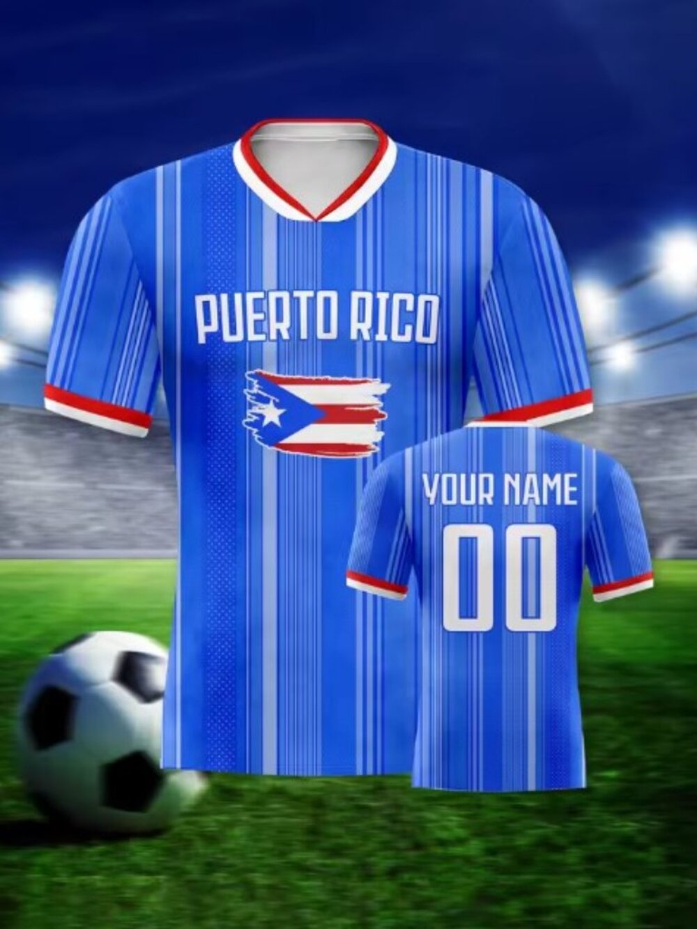 Men's Puerto Rico Football Shirt - Royal Blue Striped Jersey